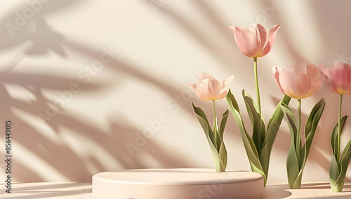 Pink tulips with soft shadows cast on a white background and a podium. Perfect for product display or branding.