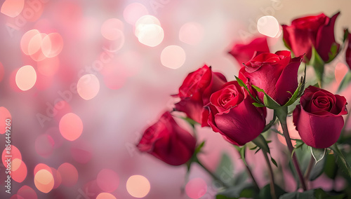 A bouquet of red roses against a soft, bokeh background. Romantic and elegant, perfect for Valentine's Day or wedding celebrations.