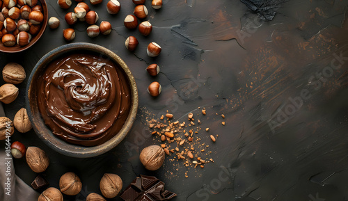 A bowl of rich chocolate spread surrounded by hazelnuts, walnuts, and chocolate pieces on a rustic background. photo