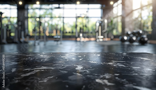 A close-up of a black countertop with a blurred background of a modern gym. © sornram