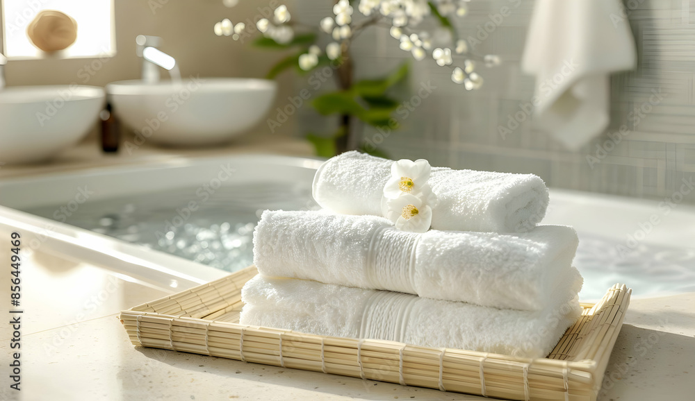 A stack of fluffy white towels sits on a wicker tray, next to a luxurious bathtub. The scene evokes relaxation and spa-like serenity. A stack of fluffy white towels sits on a wicker tray, next to a luxurious bathtub. The scene evokes relaxation and spa-like serenity.