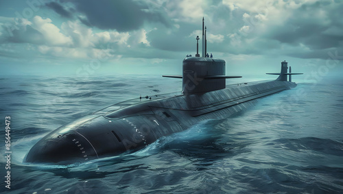 A stealthy submarine cuts through choppy waters, its silhouette disappearing into the stormy sky.
