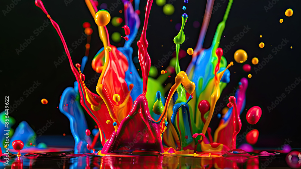 Vibrant paint splash with dynamic shapes, mid-air on abstract background, bright lighting.