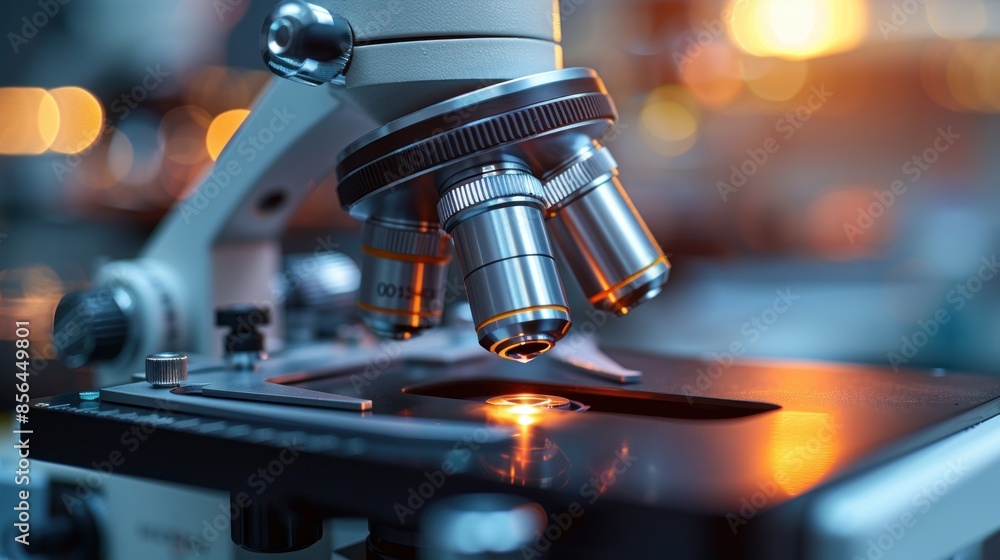 A microscope is focused on a small object. Concept of curiosity and scientific exploration A microscope is focused on a small object. Concept of curiosity and scientific exploration