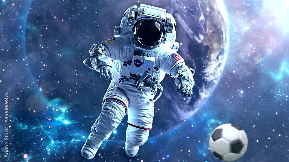 Astronaut playing soccer in space. Seamless loop video background Astronaut playing soccer in space. Seamless loop video background