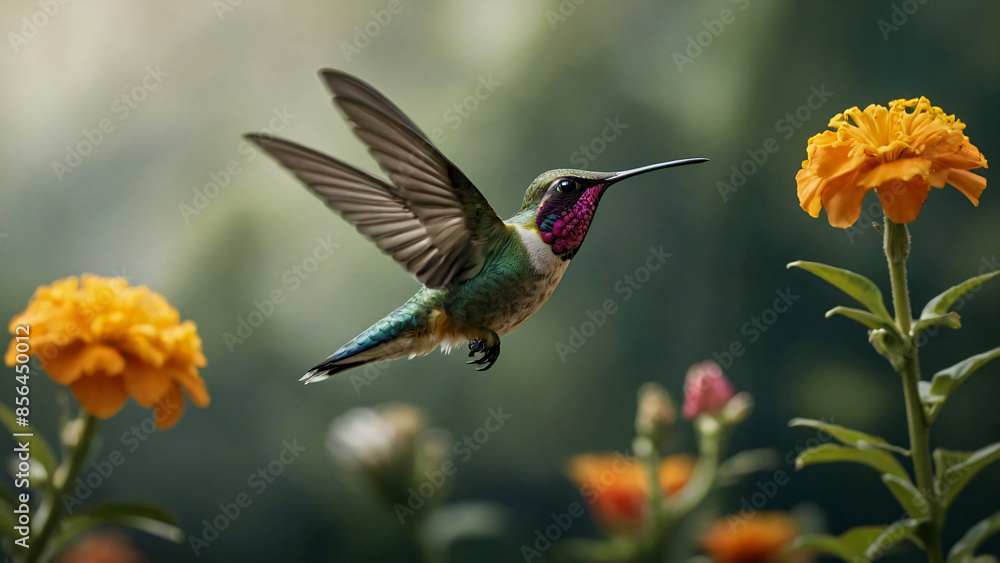 Fototapeta premium Vibrant Hummingbird Hovering by Orange Blossoms