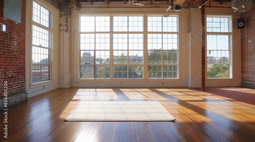 Fototapeta premium Sunlit Yoga Studio Interior with Wooden Floors, Generative AI