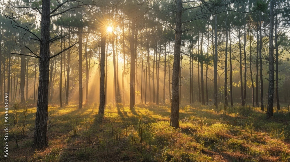 Beautiful sunlight in a pine forest Beautiful sunlight in a pine forest