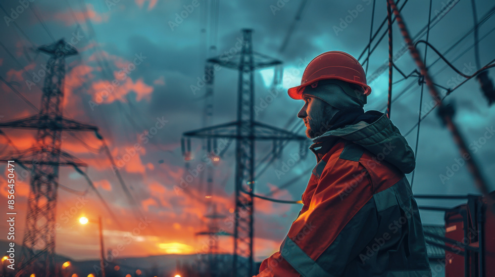 Electric utility worker in orange safety gear standing by power lines during a dramatic sunset, highlighting the importance of energy infrastructure. Electric utility worker in orange safety gear standing by power lines during a dramatic sunset, highlighting the importance of energy infrastructure.