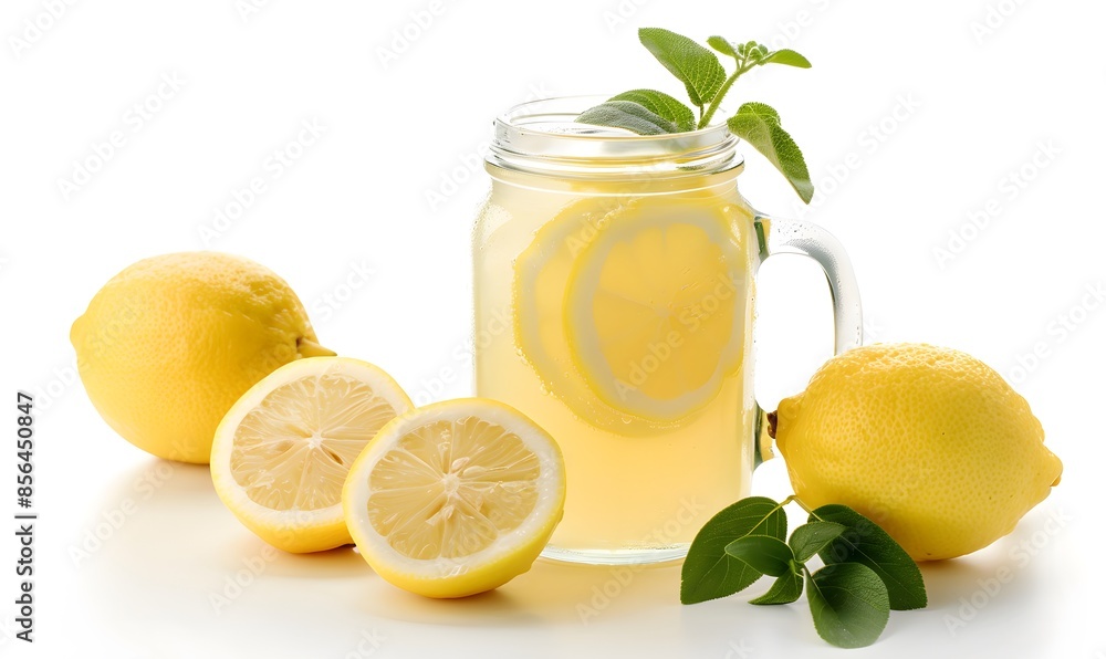 lemonade sits beside sliced lemons and fresh leaves, Generative AI lemonade sits beside sliced lemons and fresh leaves, Generative AI