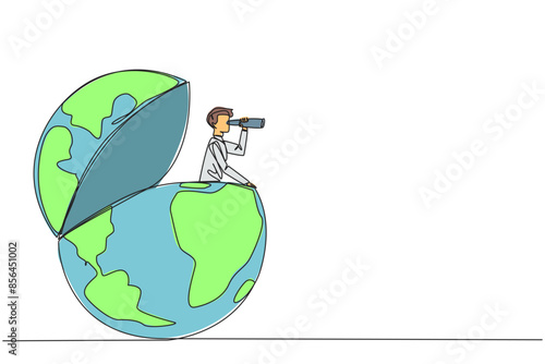 Single continuous line drawing businessman appears out of globe looking for something through binoculars. Added business track record anywhere. Proof of success. One line design vector illustration