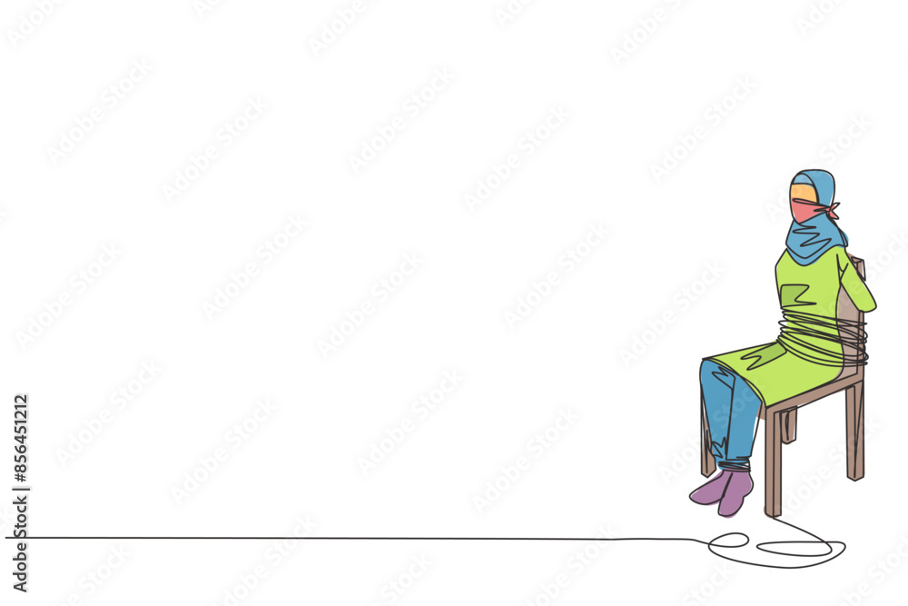 Single continuous line drawing Arabian businesswoman sitting and helpless. Victim of fraudulent investments. There are no funds to develop the business. Hostage. One line design vector illustration Single continuous line drawing Arabian businesswoman sitting and helpless. Victim of fraudulent investments. There are no funds to develop the business. Hostage. One line design vector illustration
