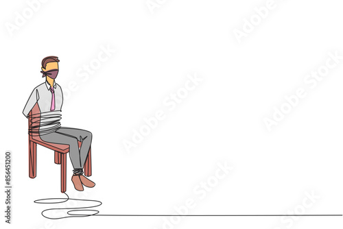 Single one line drawing businessman sat down, body and legs tied to chair. Piling up debts. Frozen accounts and assets. Losses when doing business. Hostage. Continuous line design graphic illustration