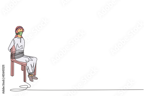 Single continuous line drawing Arabian businessman sitting and helpless. Kidnapping of the most successful entrepreneur. Asking for ransom and some assets. Hostage. One line design vector illustration