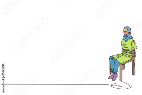 Single continuous line drawing Arabian businesswoman sitting and helpless. Victim of fraudulent investments. There are no funds to develop the business. Hostage. One line design vector illustration