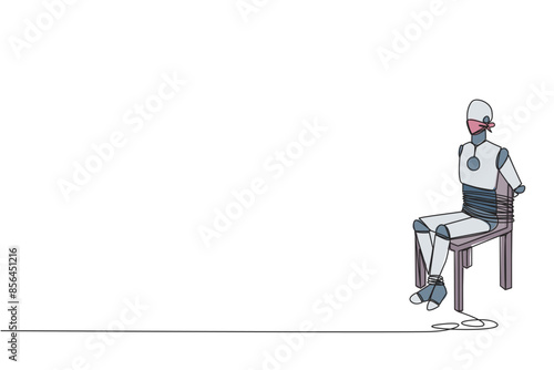 Continuous one line drawing the robot sits and helpless. Used as material for advanced artificial intelligence trial. Future robotic technology development. Single line draw design vector illustration