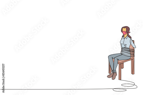 Continuous one line drawing businesswoman sitting, tied body and legs to chair. Very helpless against debt collectors. Become prisoner of business. Regret. Single line draw design vector illustration