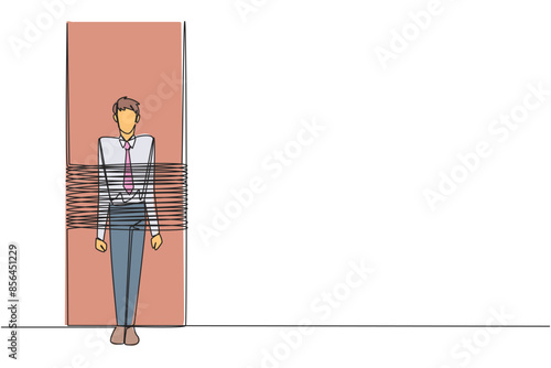 Single one line drawing the businessman stands, tied to a large column. Unable to pay debts. Have no assets to mortgage. Become a business guarantee. Fail. Continuous line design graphic illustration