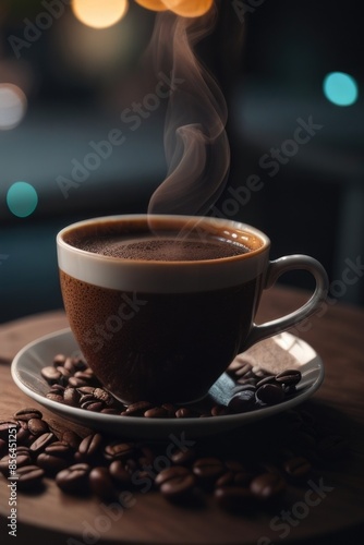 coffee cup with steaming hot coffee beans on a wooden table © RENDISYAHRUL