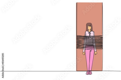 Single continuous line drawing businesswoman standing, tied to a large column. Helpless. Being in a frustrating situation. Unable to pay debts. Debt guarantee. One line design vector illustration