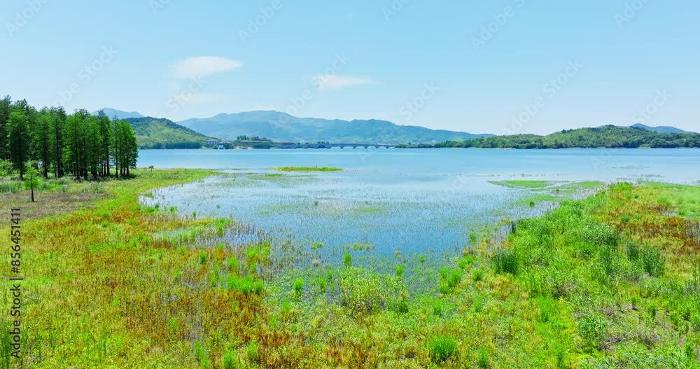 Aerial view of beautiful lake and green forest with mountain natural landscape in Ningbo, Zhejiang province, China. Famous tourist destinations in summer. Aerial view of beautiful lake and green forest with mountain natural landscape in Ningbo, Zhejiang province, China. Famous tourist destinations in summer.