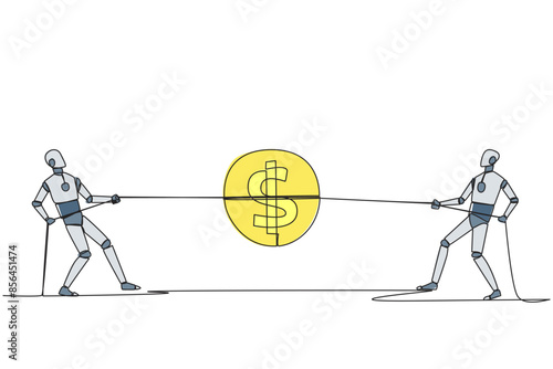 Single one line drawing two robots fighting over a coin with a dollar symbol. Competition for the highest payout for the smartest robots. Future technology. Continuous line design graphic illustration