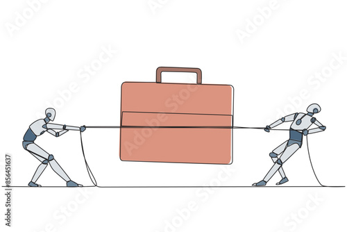 Single continuous line drawing two robots fighting over briefcase. Compete fiercely to increase user trust. The future of sophistication technology for marketing. One line design vector illustration
