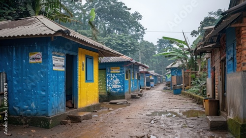 A row of blue and yellow houses with a dirt road in between. The houses are small and appear to be in a developing country © evgenia_lo