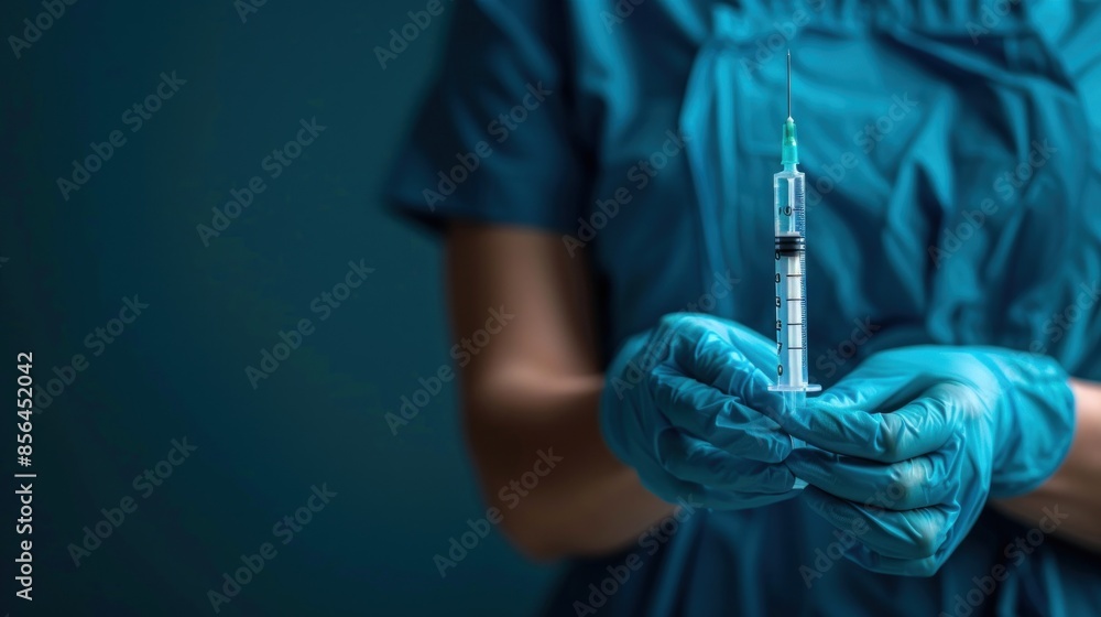A nurse holding a syringe with a blue background A nurse holding a syringe with a blue background