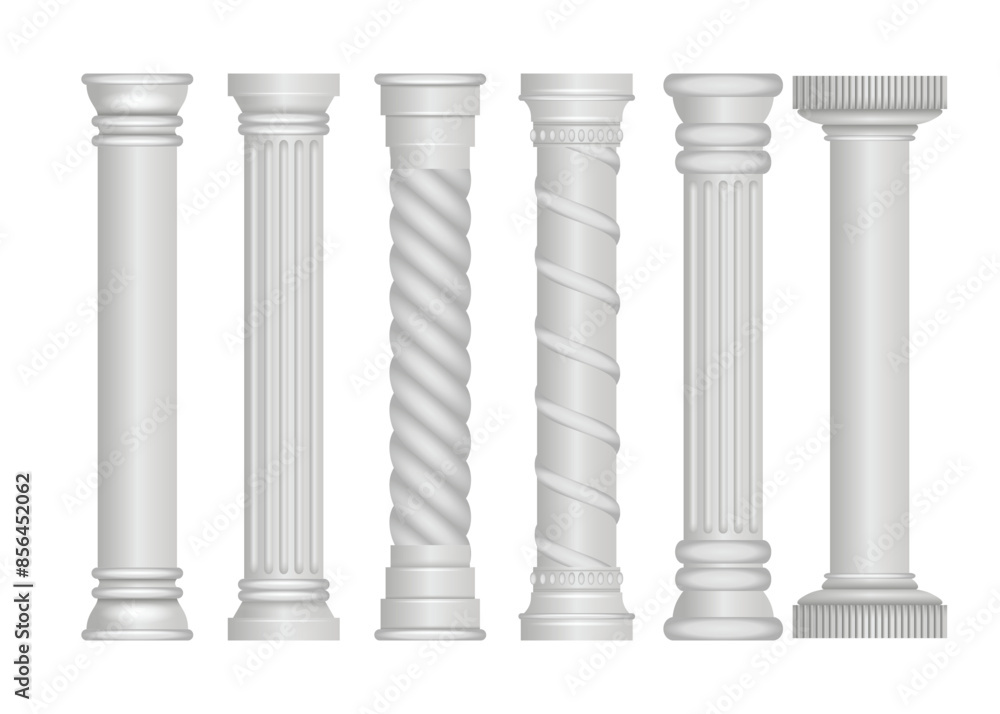 Set of ancient greek pillar set collection, Marble antique columns and pillars of roman and greek architecture elements, Roman columns, White stone pillars with ornate capitals, vector illustration. Set of ancient greek pillar set collection, Marble antique columns and pillars of roman and greek architecture elements, Roman columns, White stone pillars with ornate capitals, vector illustration.