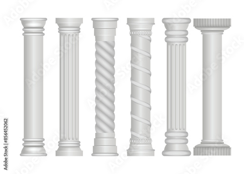 Set of ancient greek pillar set collection, Marble antique columns and pillars of roman and greek architecture elements, Roman columns, White stone pillars with ornate capitals, vector illustration.
