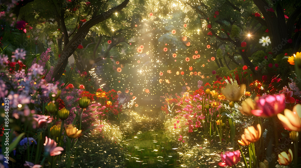 A magical garden with sparkling flowers A magical garden with sparkling flowers