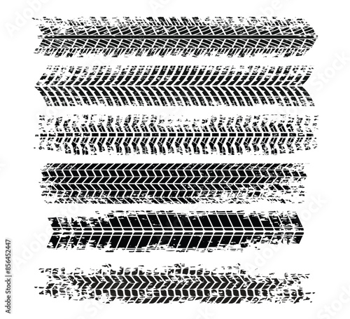Set of Skid Tire mark set collection, Car and motorcycle tire track vector set. Truck tread mark on the road concept, shabby, grunge style, dirty. Tire track textured grunge banner vector illustration