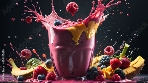 Smoothie, Healthy and vibrant smoothie. Capture dramatic smoothie splash. Creative Dynamic compotition vary angle. Macro Food photography, taken by very high tech expensive camera. Eyecatching, mouthw photo