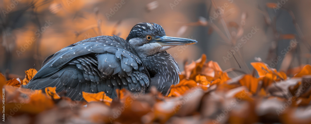Obraz premium Majestic Heron Resting Amidst Autumn Leaves in Serene Woodland Setting, Capturing Tranquility and Natural Beauty in Cool Temperatures
