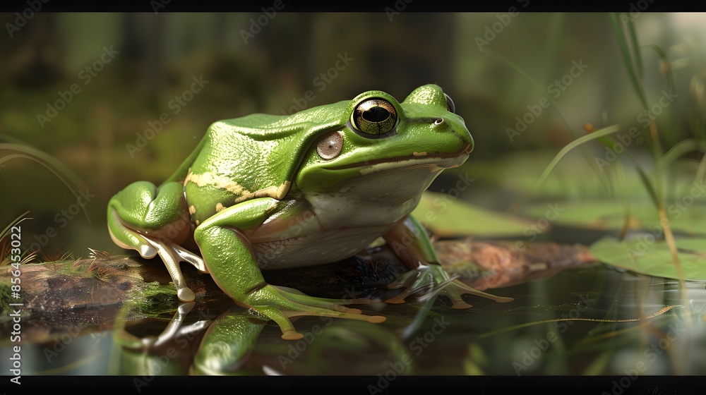 European green tree frog sitting isolated on white. 