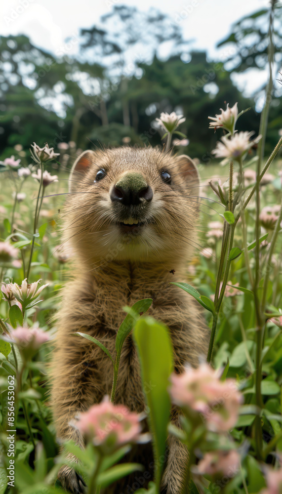 Obraz premium Adorable Quokka in a Field of Wildflowers Capturing Nature's Cutest Moments in a Vibrant Meadow with Lush Greenery and Blossoming Pink Flowers