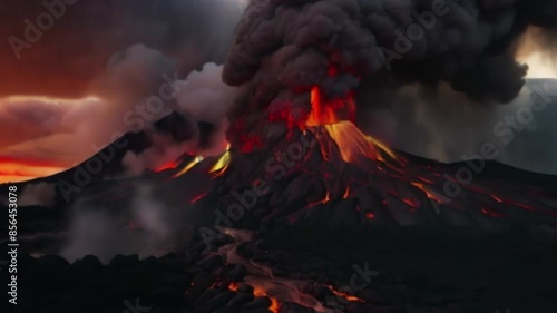 Fiery Volcanic Eruption with Flowing Lava and Dark Smoke Clouds