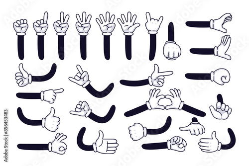 Set of Vintage cartoon hands in gloves gesture set collection, Cute retro groovy hippie illustration for decorative, sticker, Cute animation character body parts. Comics arm gestures, flat vector.