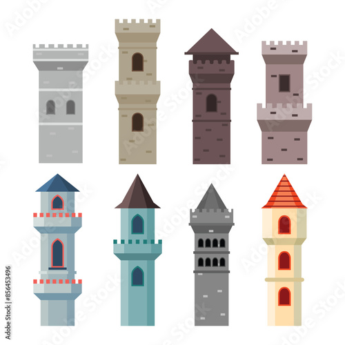 Set of old castle towers collection, Medieval castle towers, magic fantasy fortress, Castle brick tower isolated turret fortress with rampart window, medieval fort, chess tower vector illustration.