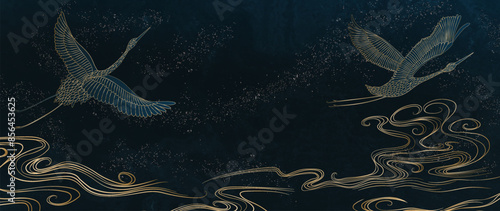 Japanese style art background with cranes and clouds in gold line art. Hand drawn vector banner for decor, print, poster, wallpaper, interior.
