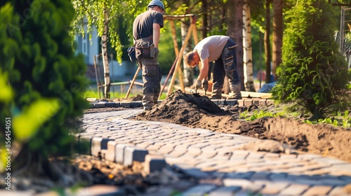 Landscaping company contractors working on interlock driveway project construction site and paving stone bricks Men working as team to design and construct large home landscape busines : Generative AI