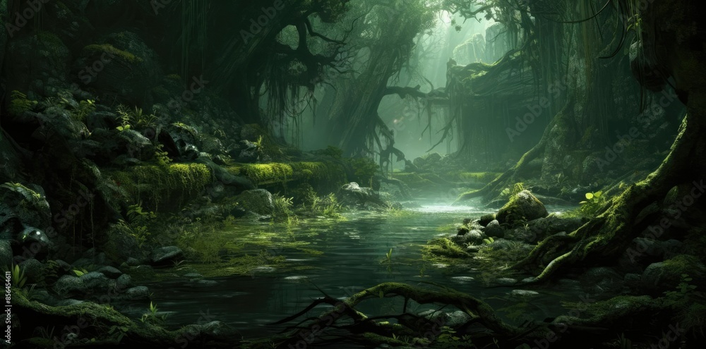 background screenshot of a lush forest with a river flowing through it, surrounded by trees and moss background screenshot of a lush forest with a river flowing through it, surrounded by trees and moss