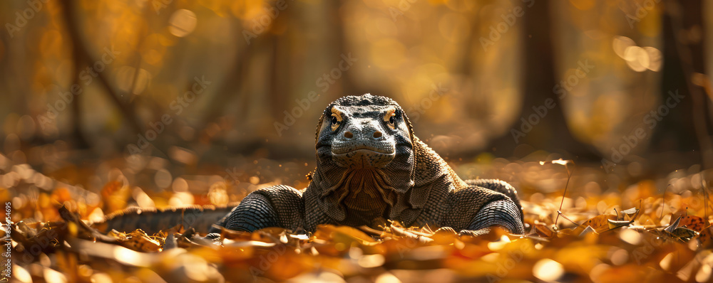 Captivating Image of a Komodo Dragon in a Lush Forest Setting During Autumn, Surrounded by Vibrant Fallen Leaves and a Warm, Magical, Sunlit Atmosphere, Illustrating the Beauty of Wildlife Captivating Image of a Komodo Dragon in a Lush Forest Setting During Autumn, Surrounded by Vibrant Fallen Leaves and a Warm, Magical, Sunlit Atmosphere, Illustrating the Beauty of Wildlife