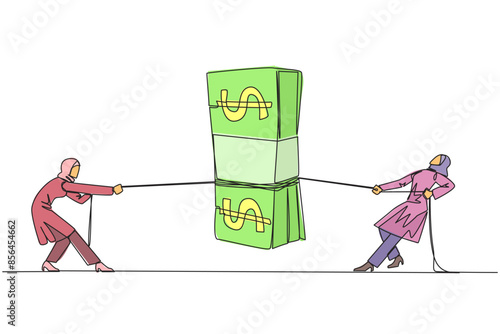 Single one line drawing two Arabian businesswomen fighting over banknotes. Fighting for salary rights. Unjust employers withhold the rights of employees. Continuous line design graphic illustration