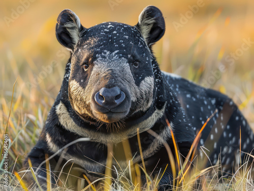 Close Up of a Tapir in Natural Habitat Exhibiting Unique Black and White Patterns, Captured in the Heart of a Grassland Ecosystem during Sunset photo