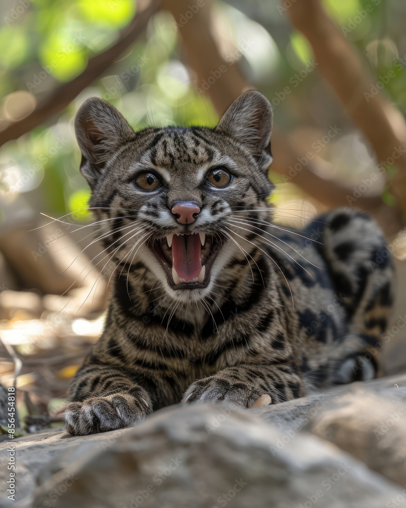 Curious and Playful Ocelot in the Wild Showing Its Teeth in a Pristine Natural Habitat, Perfect Example of Raw Wilderness and Unfiltered Nature, Capturing the Spirit of Untamed Wildlife