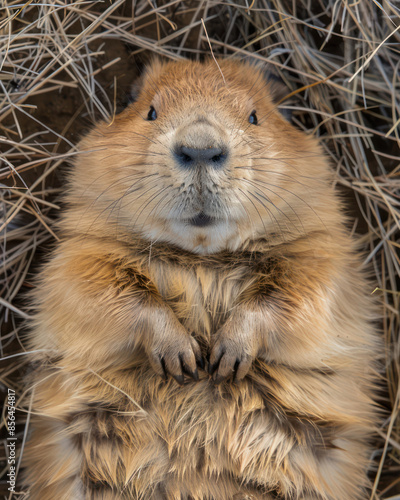 Adorable Furry Beaver Close Up in Natural Habitat, Cute Animal Lying on Back in Straw, Wildlife Photography Highlighting Nature's Charm and Intriguing Behaviors, Perfect for Animal Lovers photo