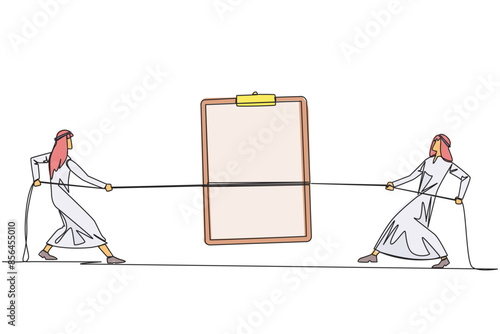 Single one line drawing two Arabian businessmen fighting over a clipboard. Compete to fill in the complete data of the best prospective clients. Profit. Continuous line design graphic illustration