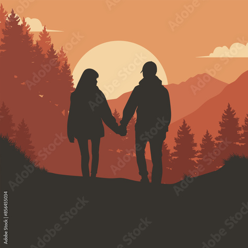 Hiking Couple Silhouette Vector Illustration